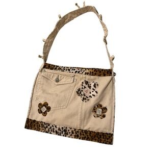 Cheetah fuzzy flower beaded handmade shoulder bag